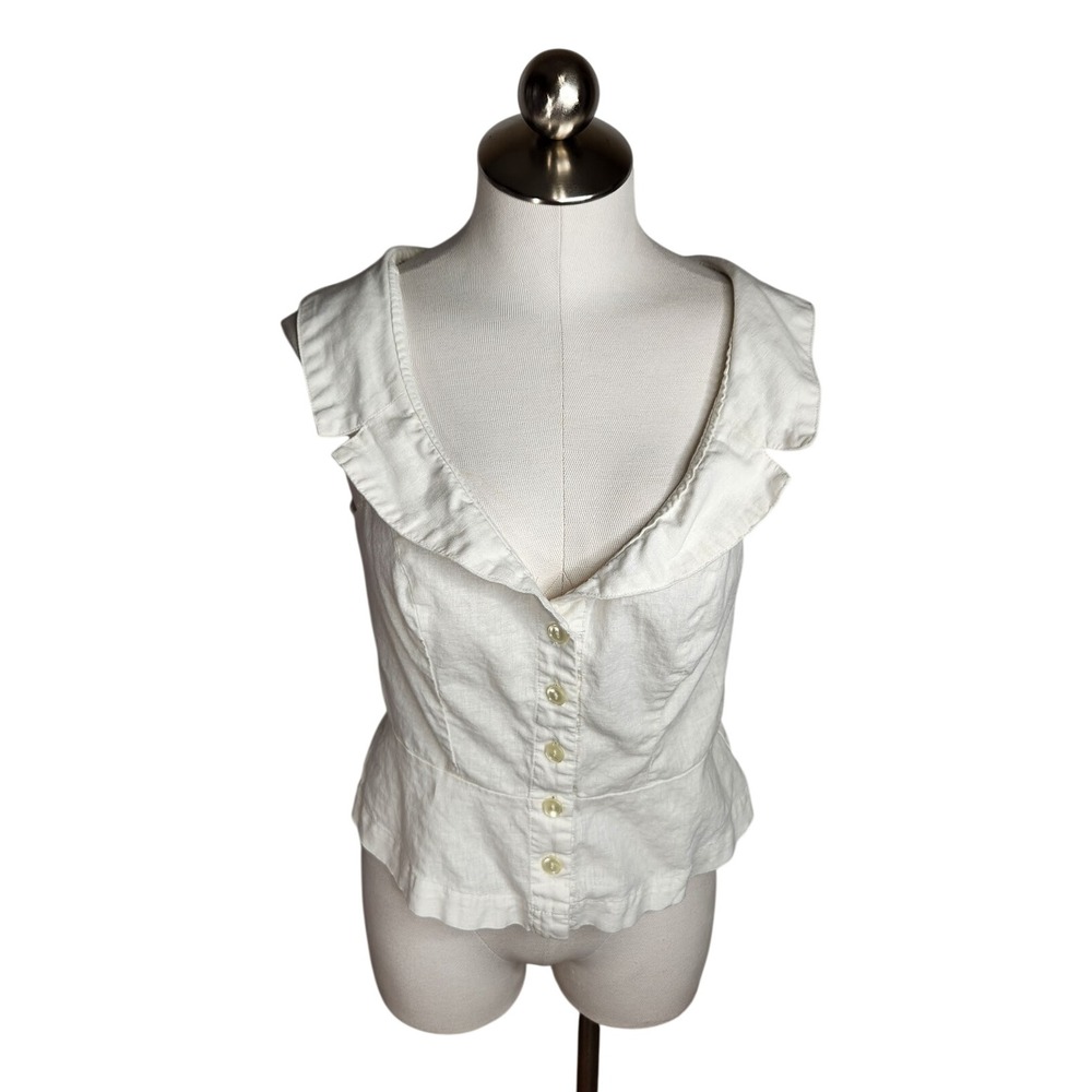 Free People Top Women M Beige Linen Blend Ruffle Collar Button Front Peplum Vest